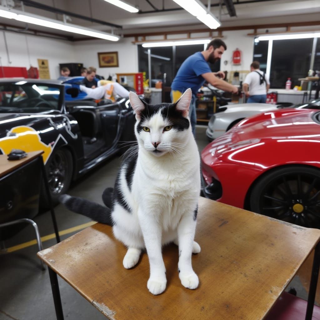 Regal Feline Amidst Automotive Artisans