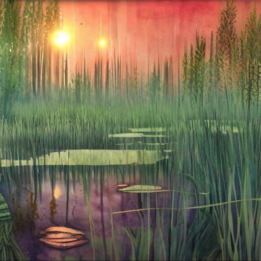Watercolor Painting of Reeds and Swamp with Bokeh