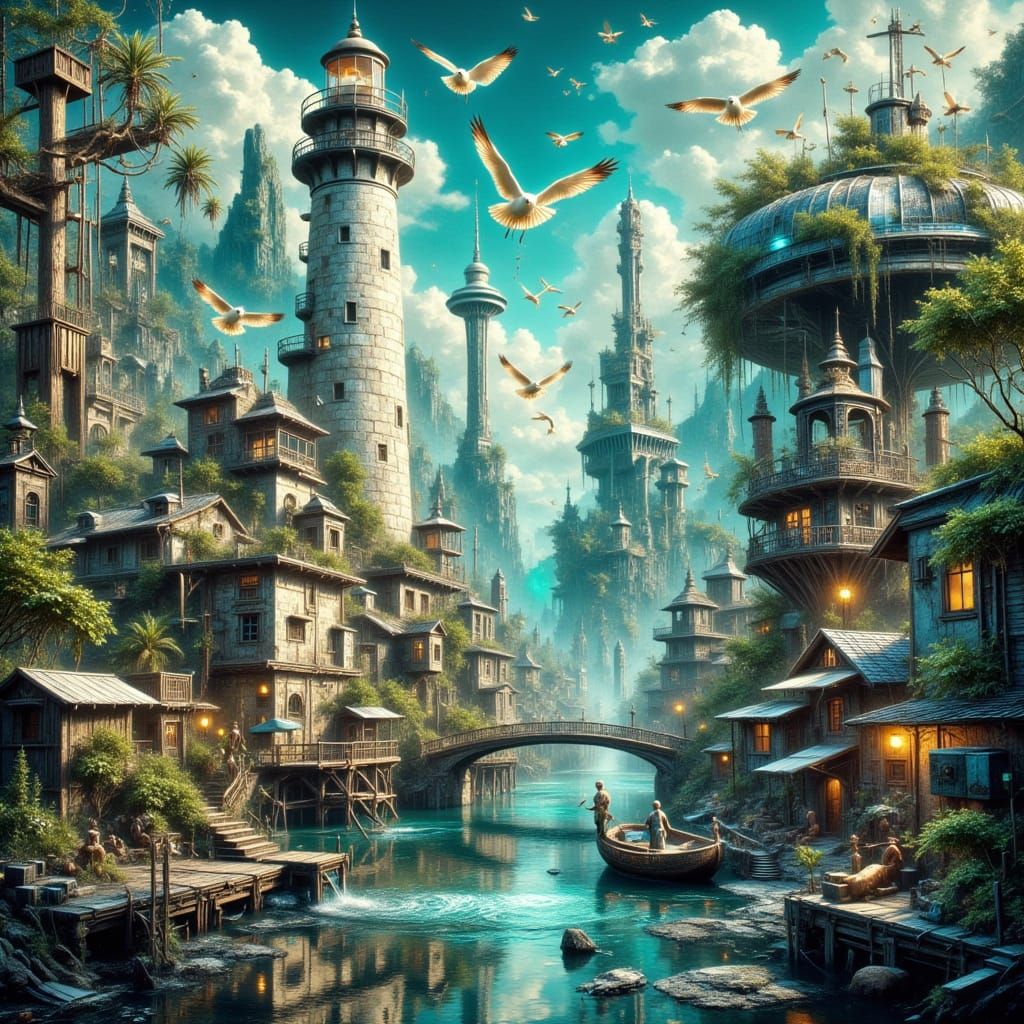 A stunning, hyper-realistic oil painting that blends dieselpunk, cyberpunk, and rainforest elements. In the foreground, ...