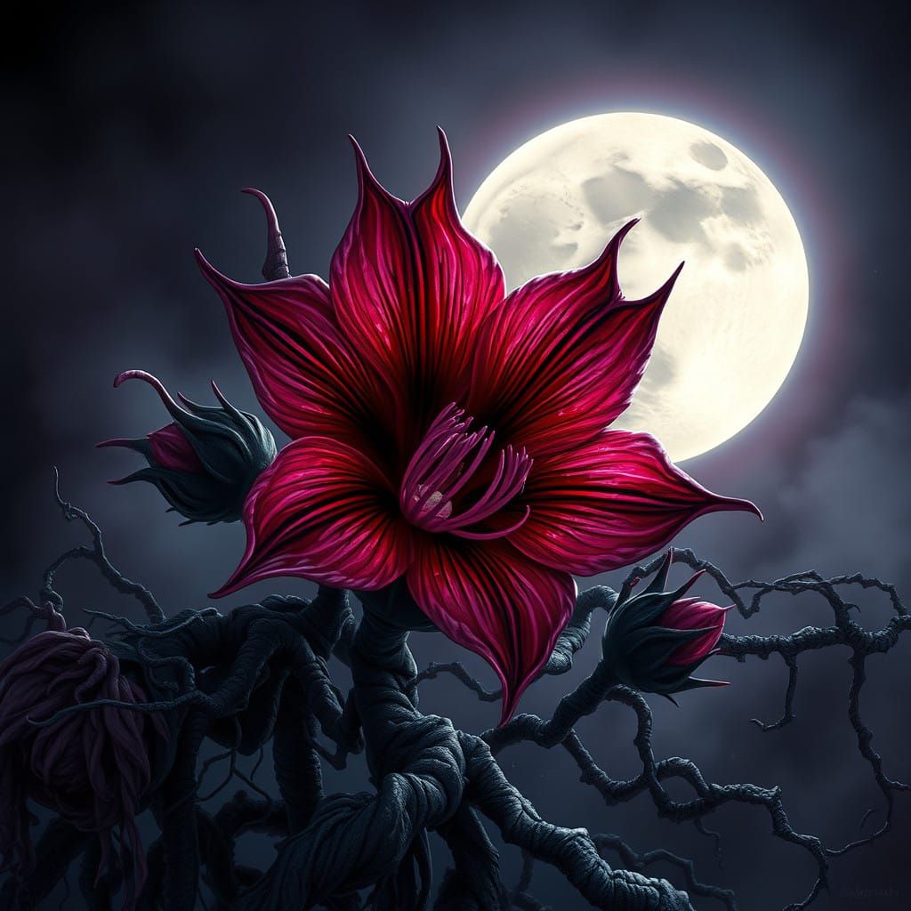Mystical Violet Bloom Under Crimson Moonlight