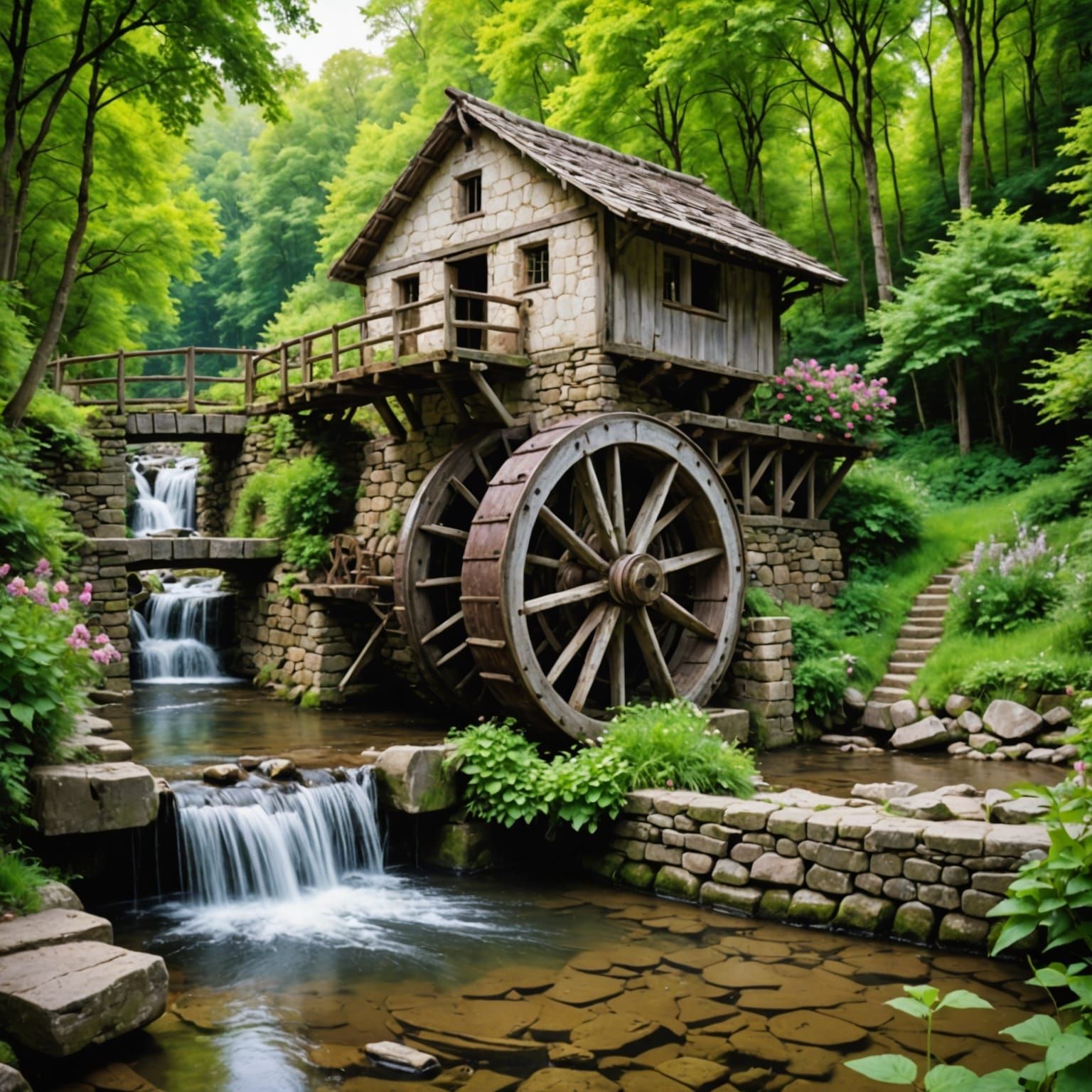 Vibrant Waterwheel Scene in a Lush Forest Landscape