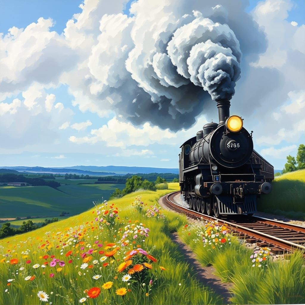 Rustic Locomotive Chugs Through Vibrant Countryside
