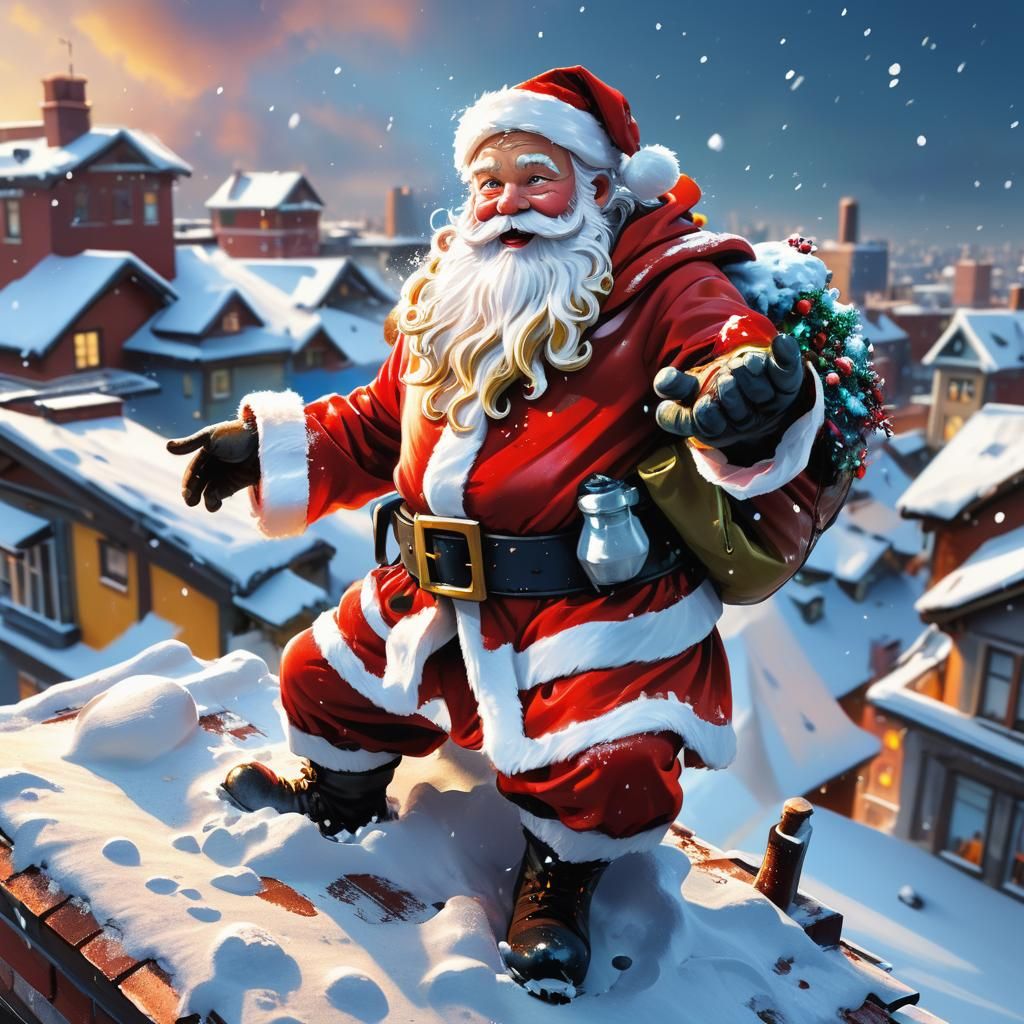 Hyperrealistic Santa Claus on Snowy Rooftop Splash Art