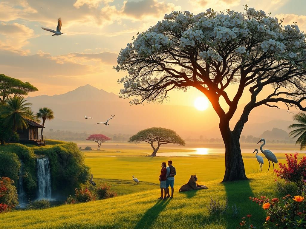 Peaceful African Dawn Landscape with Majestic Tree and Tranq...
