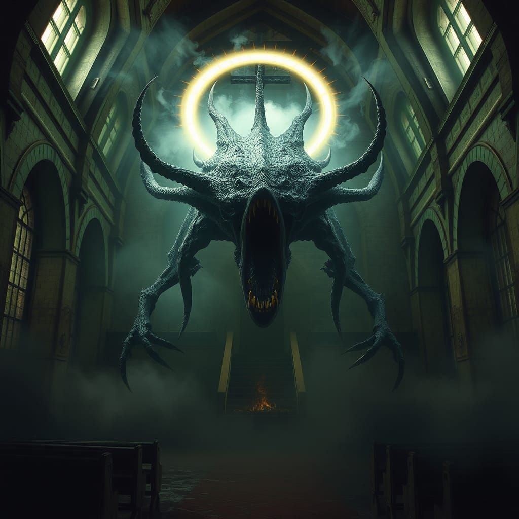 Ethereal Creature Haunting Abandoned Church in Dark Surreali...