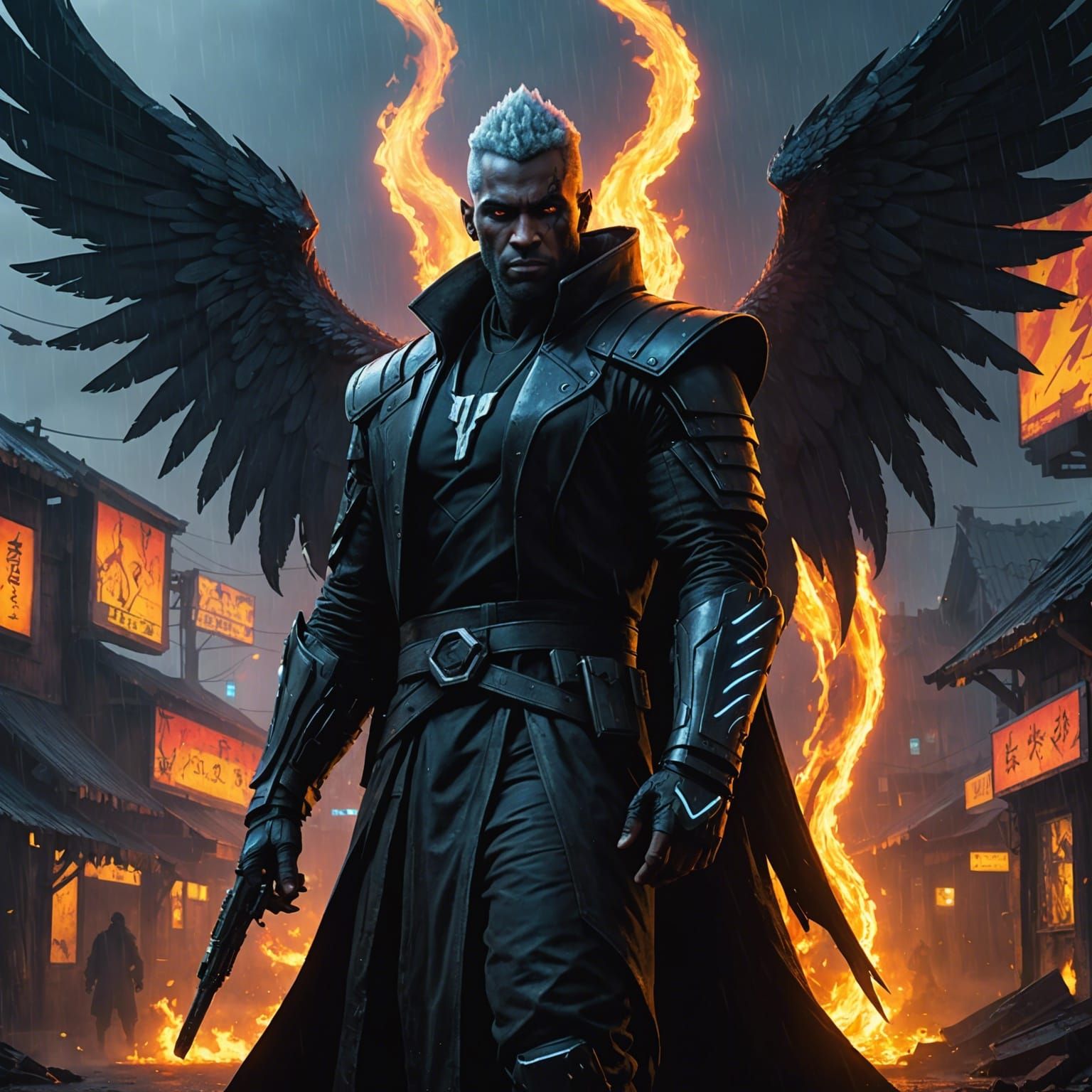 Cyberpunk Drow Sorcerer in Burning Village