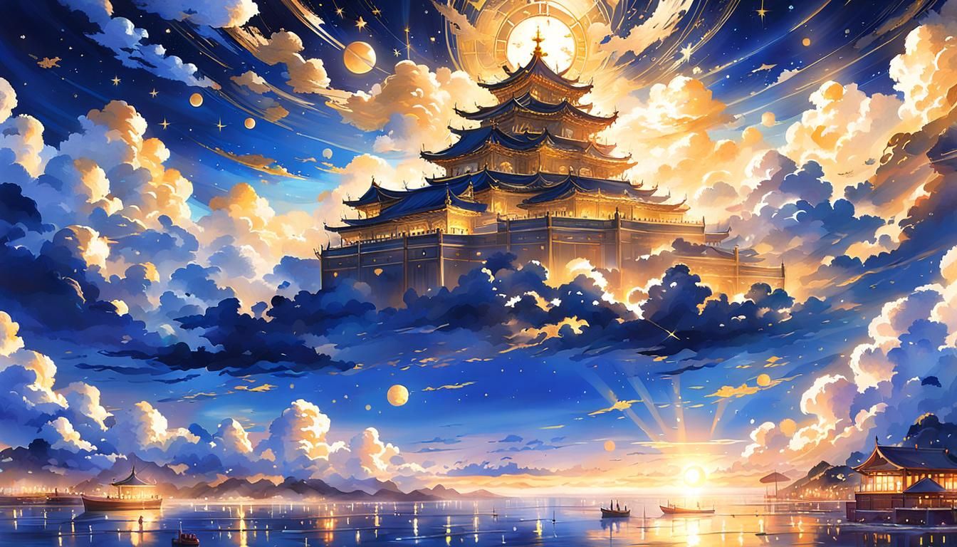 Golden Celestial City at Dawn in Tachisme Style