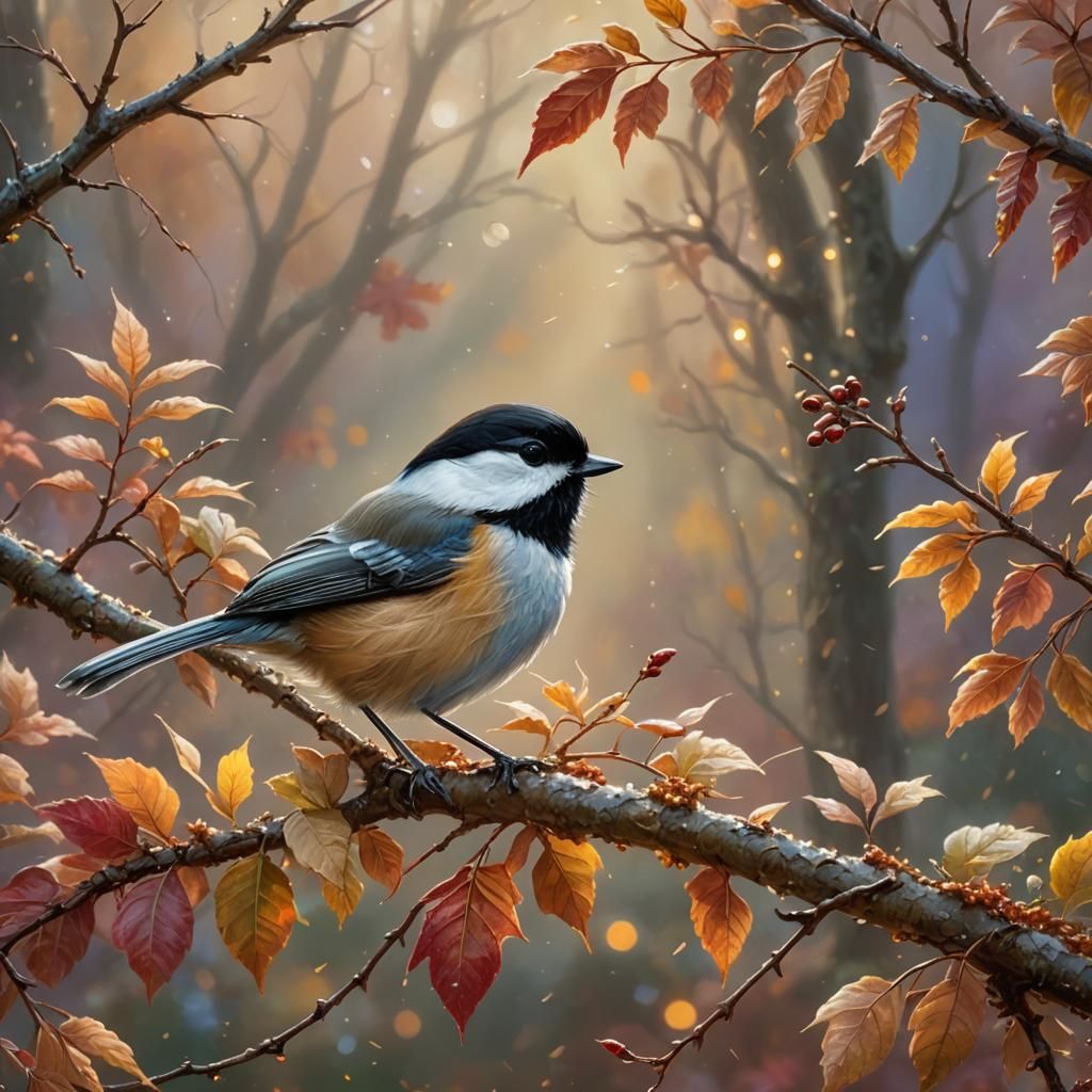 Chickadee on Autumn Branch in Impressionist Style