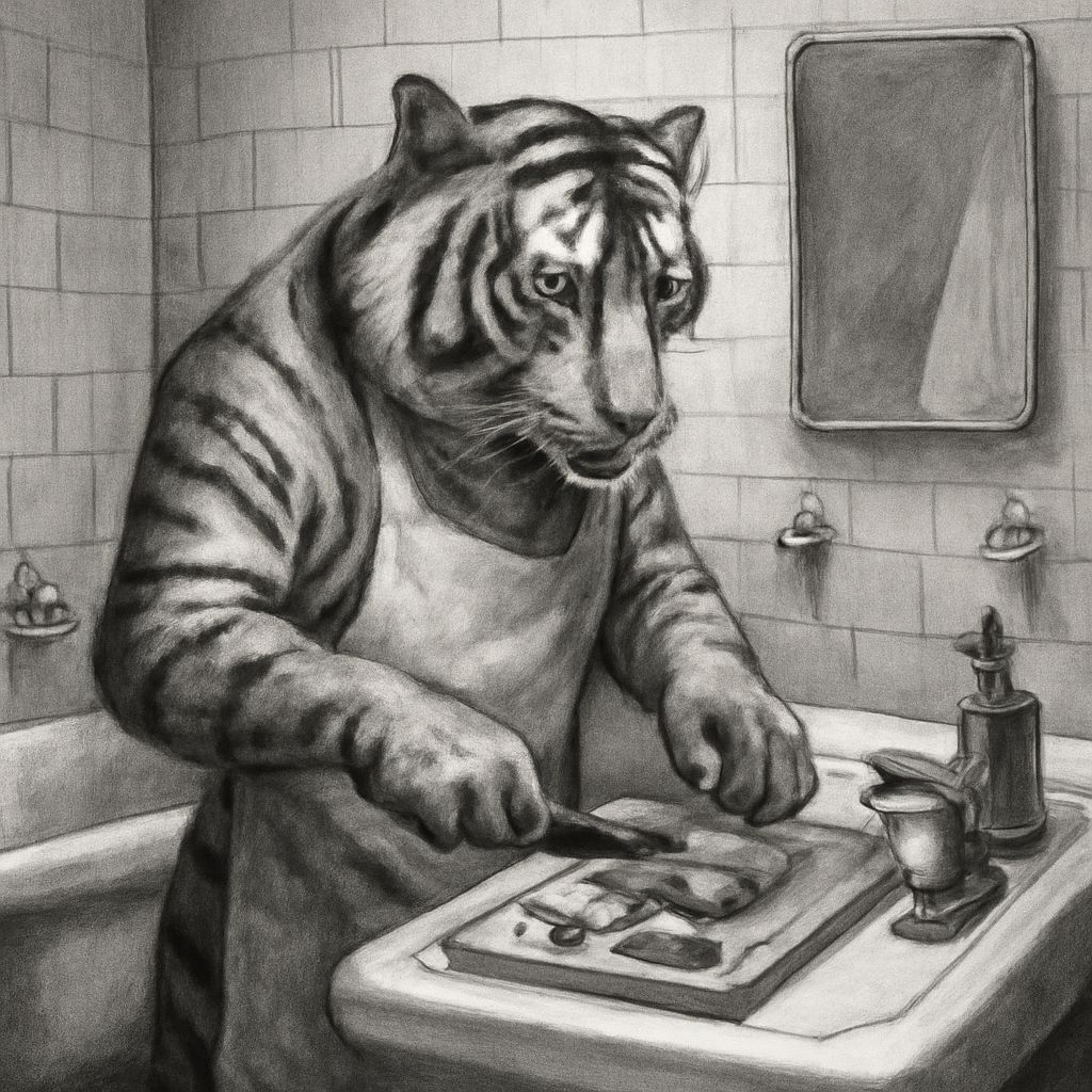 Tiger in Bathroom, Realistic Drawing