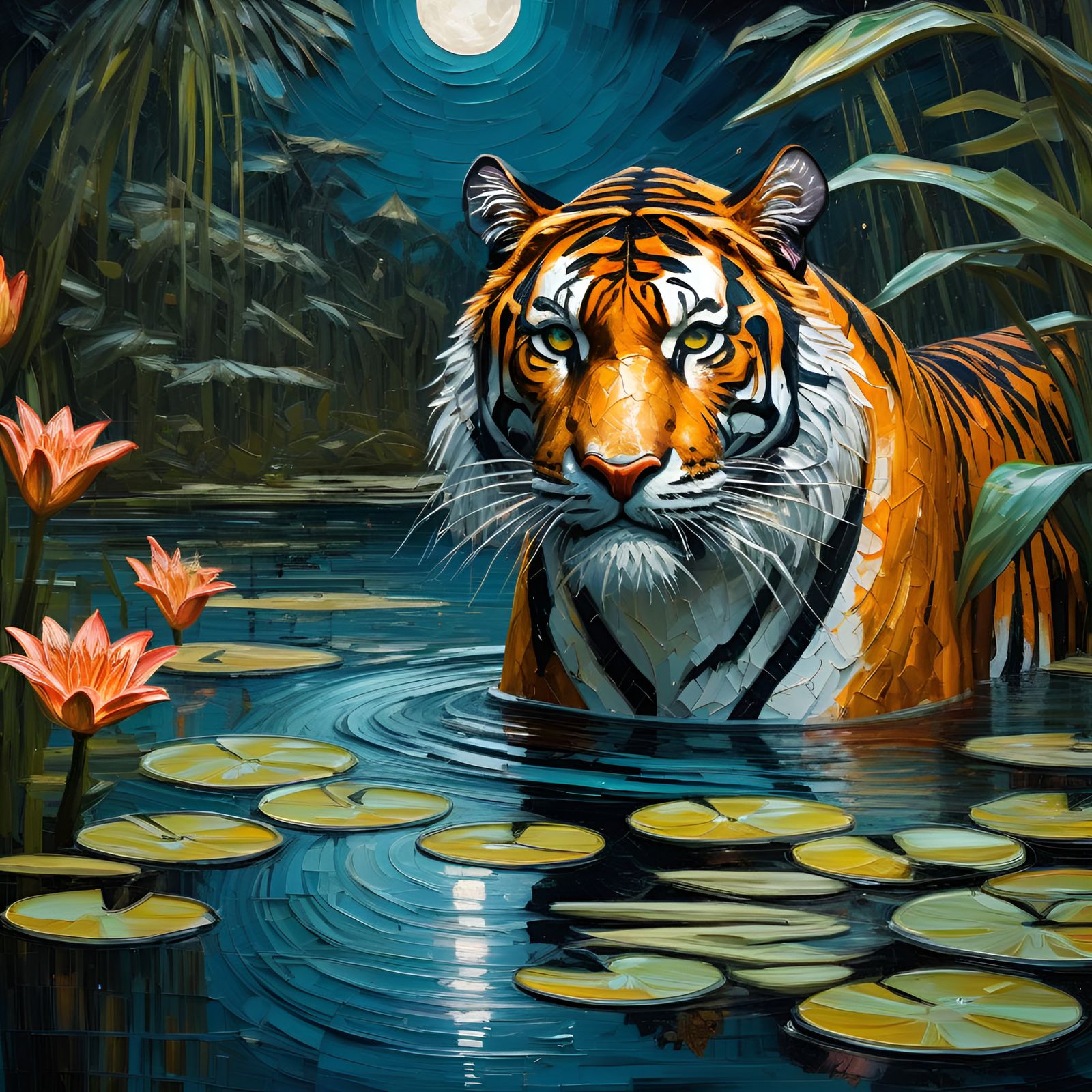 Epic Tiger in Lily Pond as Impasto Oil Painting