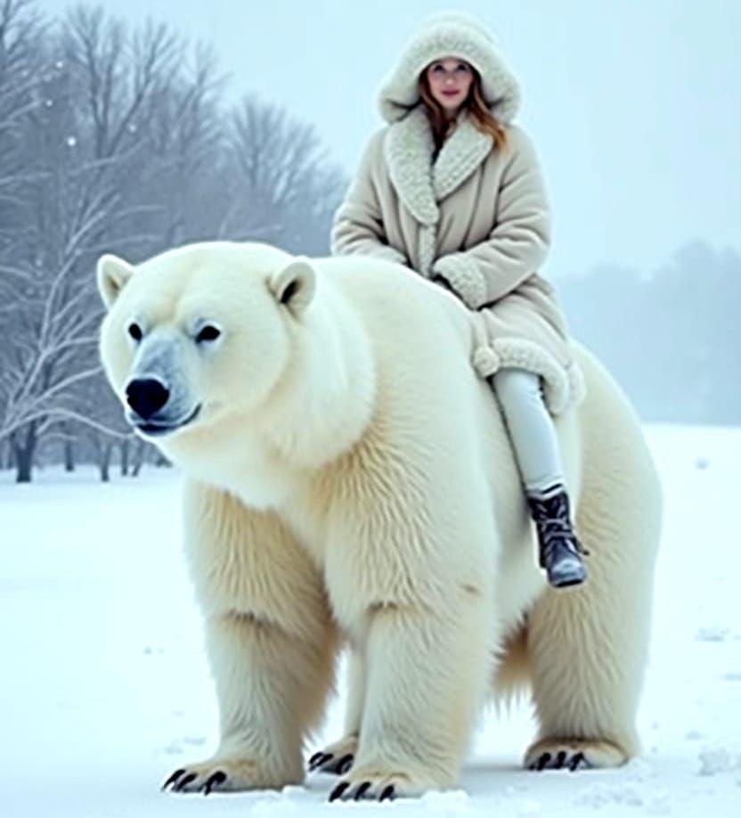 Surreal Winter Scene with a Woman and a Majestic Bear