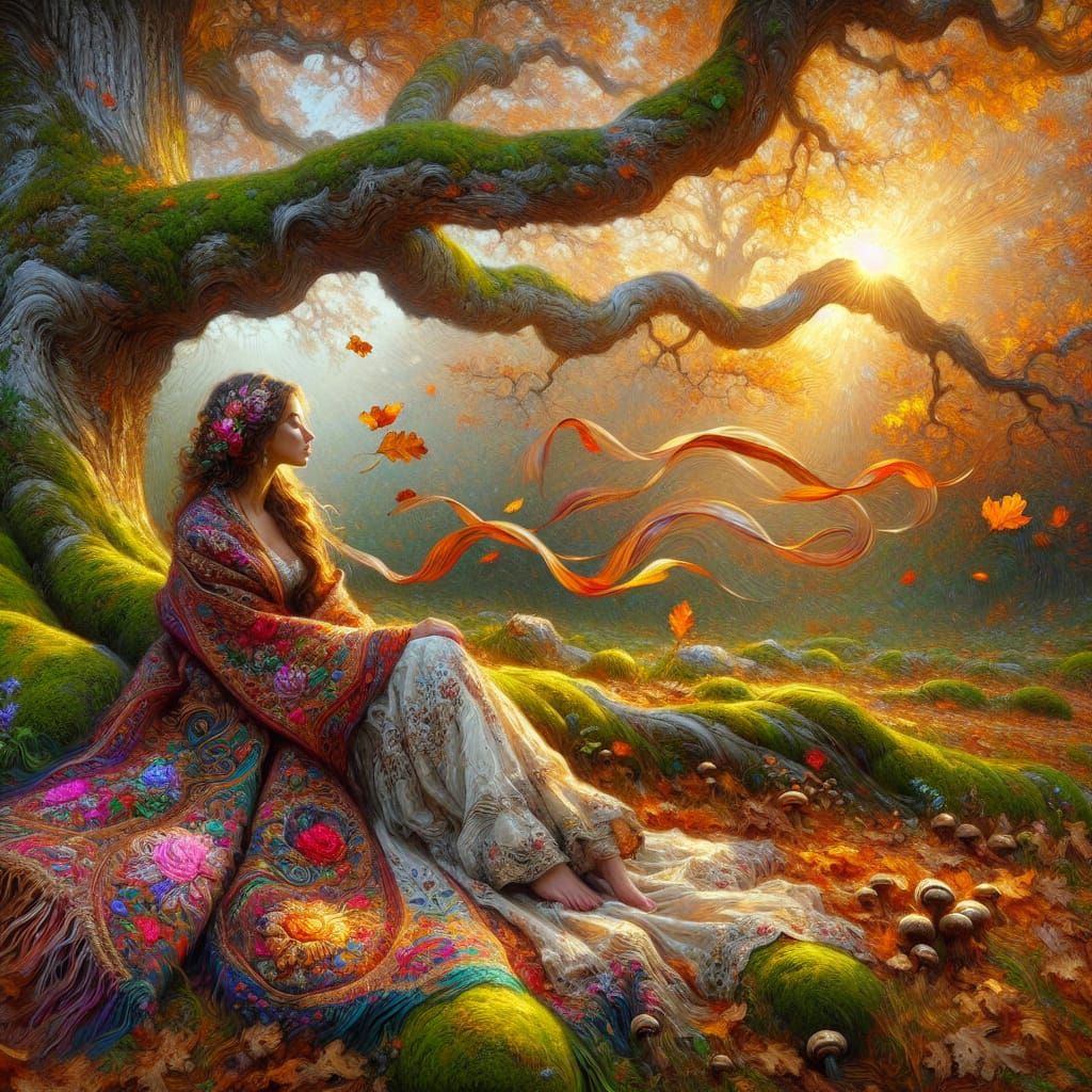 Woman Under Oak Tree in Autumn, Oil Painting Style