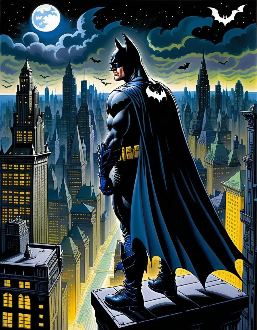 Caped Hero Watches Over the City: Oil Gouache