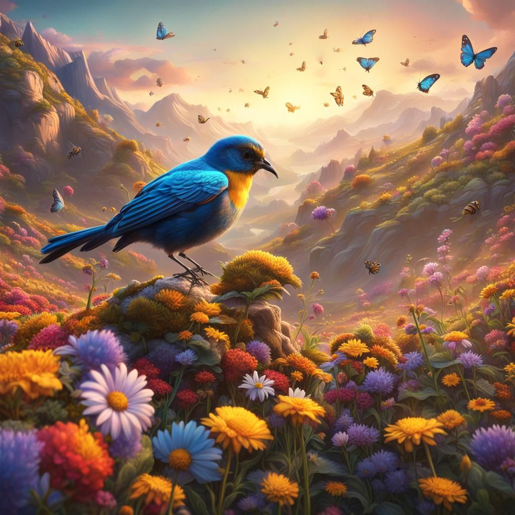 Colorful Big-Eyed Bird in Fantastical Landscape