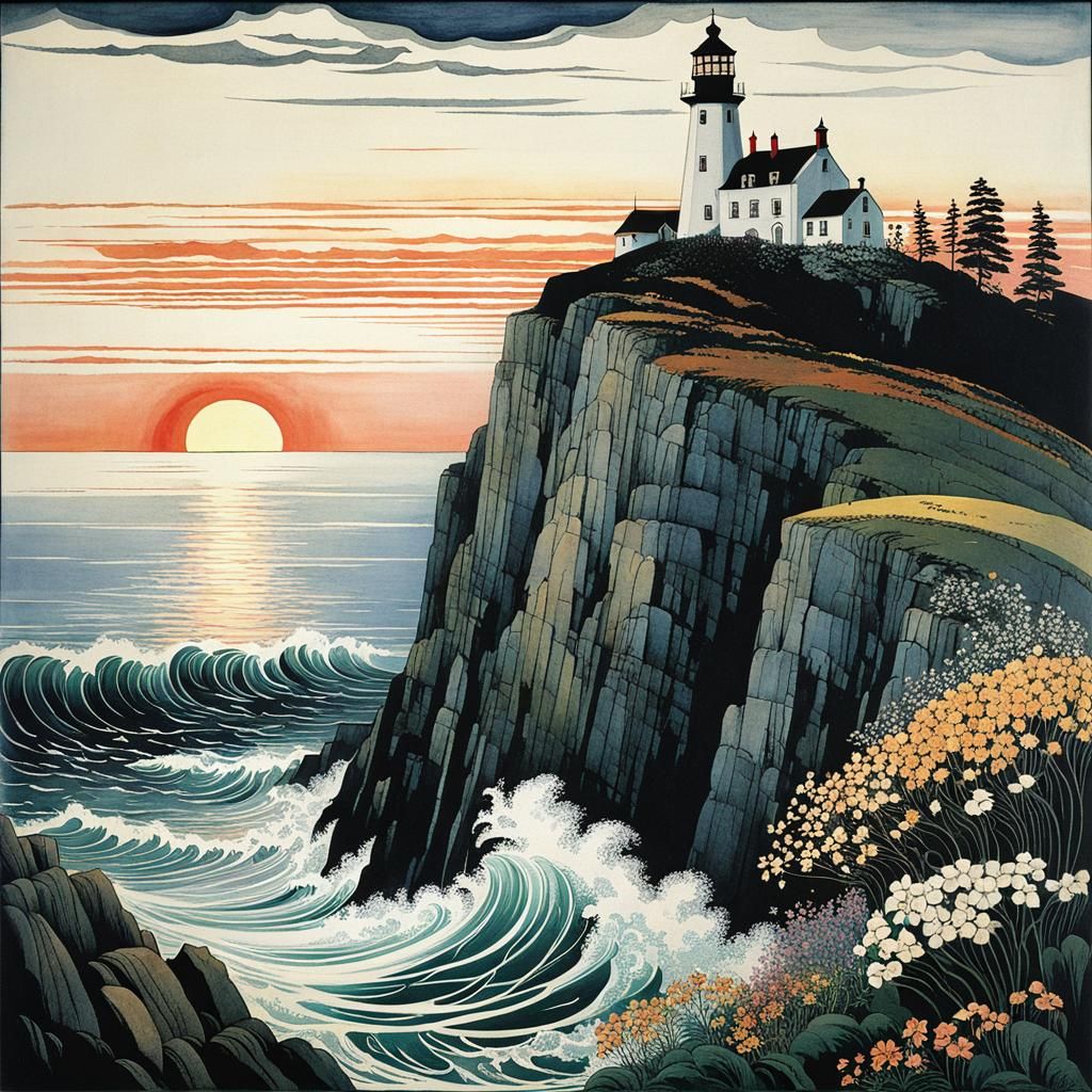 Coastal Lighthouse Sunset, Golden Age Illustration