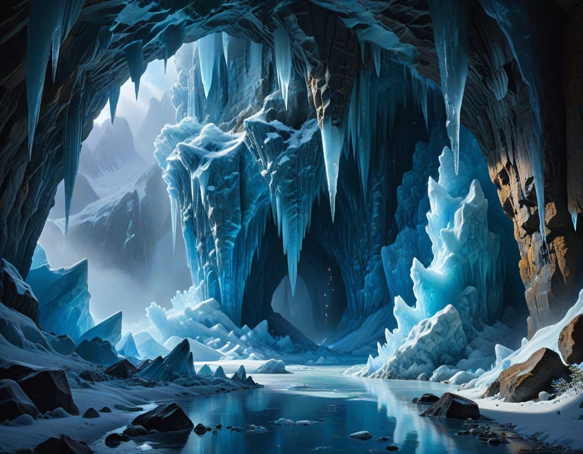 Ethereal Ice Cave with Glistening Stalactites