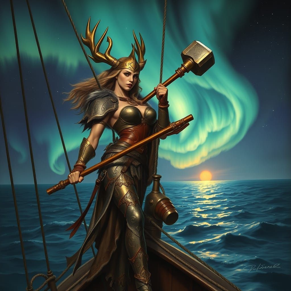 Dark Fantasy Valkyrie Warrior Stands on Viking Longship