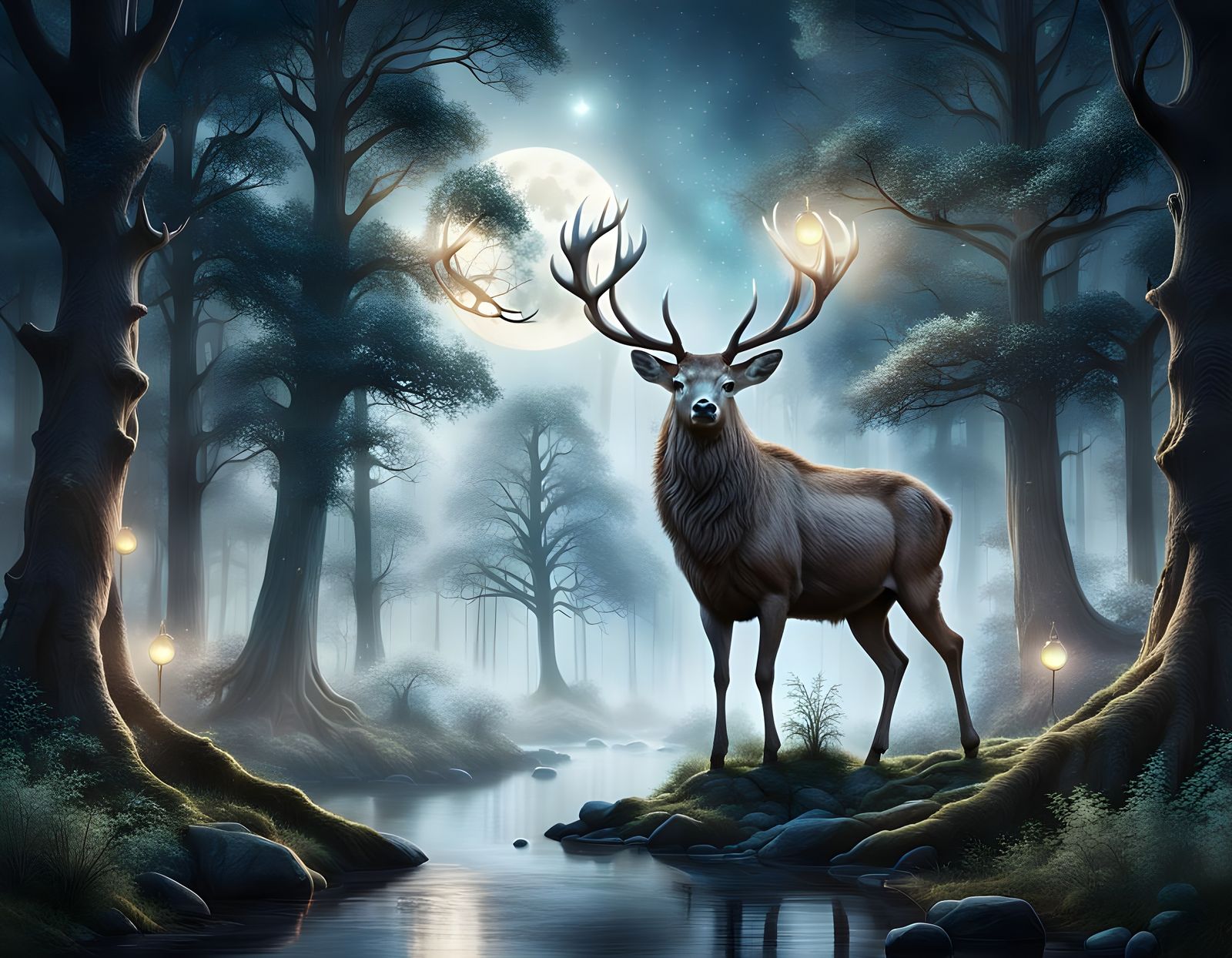 Mystical Stag in Moonlit Forest
