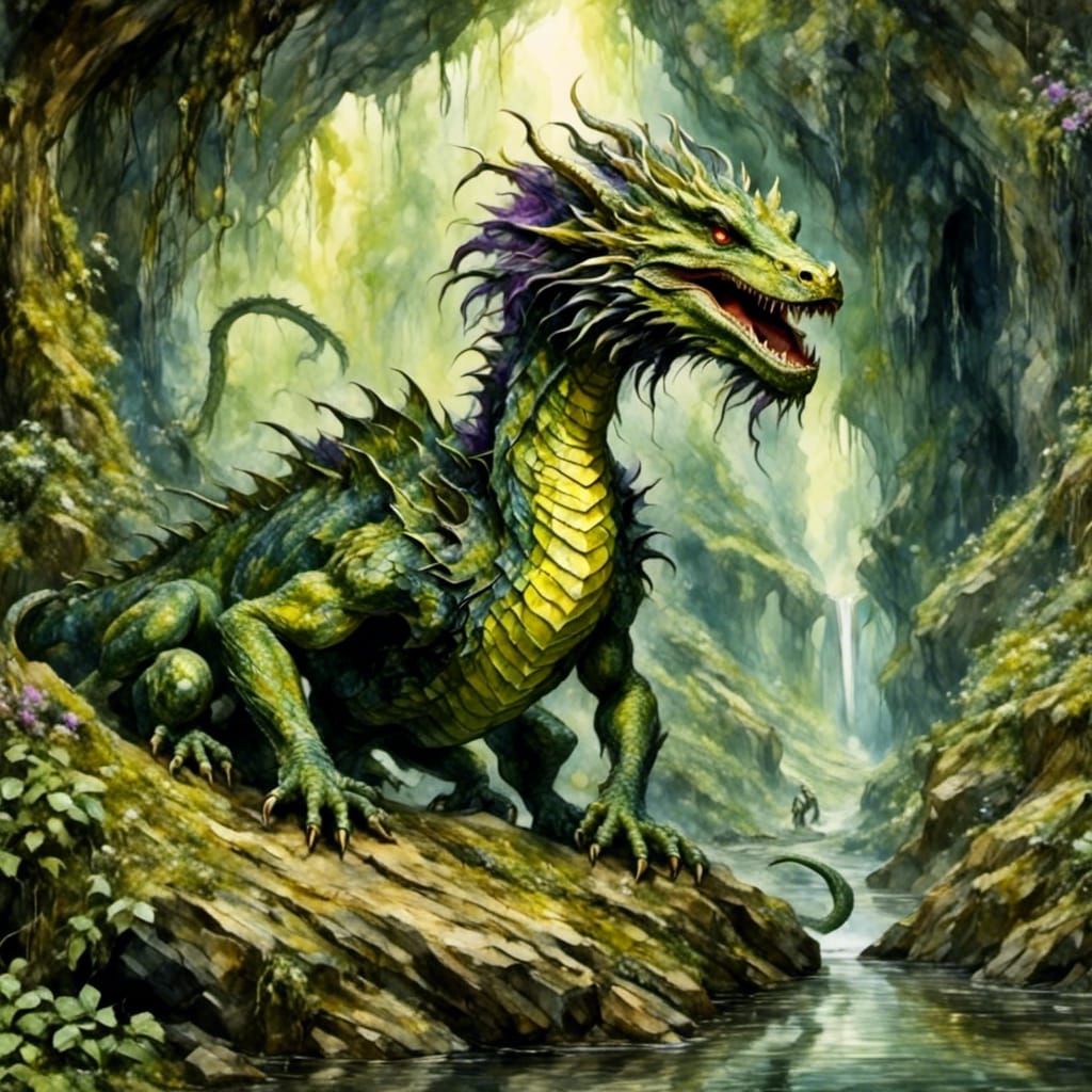 Verdant Cavern Basilisk in Fantasy Illustration Style
