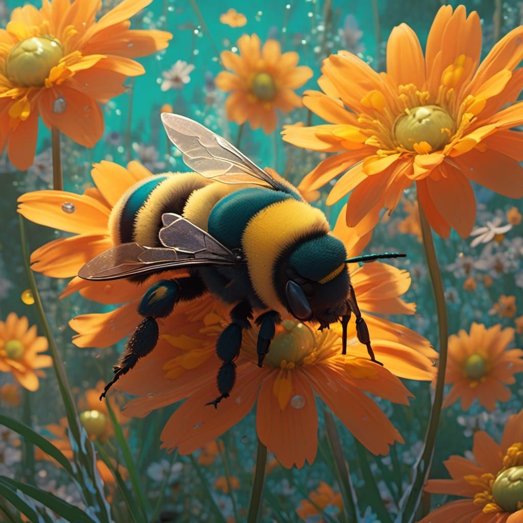 Macroscopic Fuzzy Bumblebees in Springtime, Detailed Art
