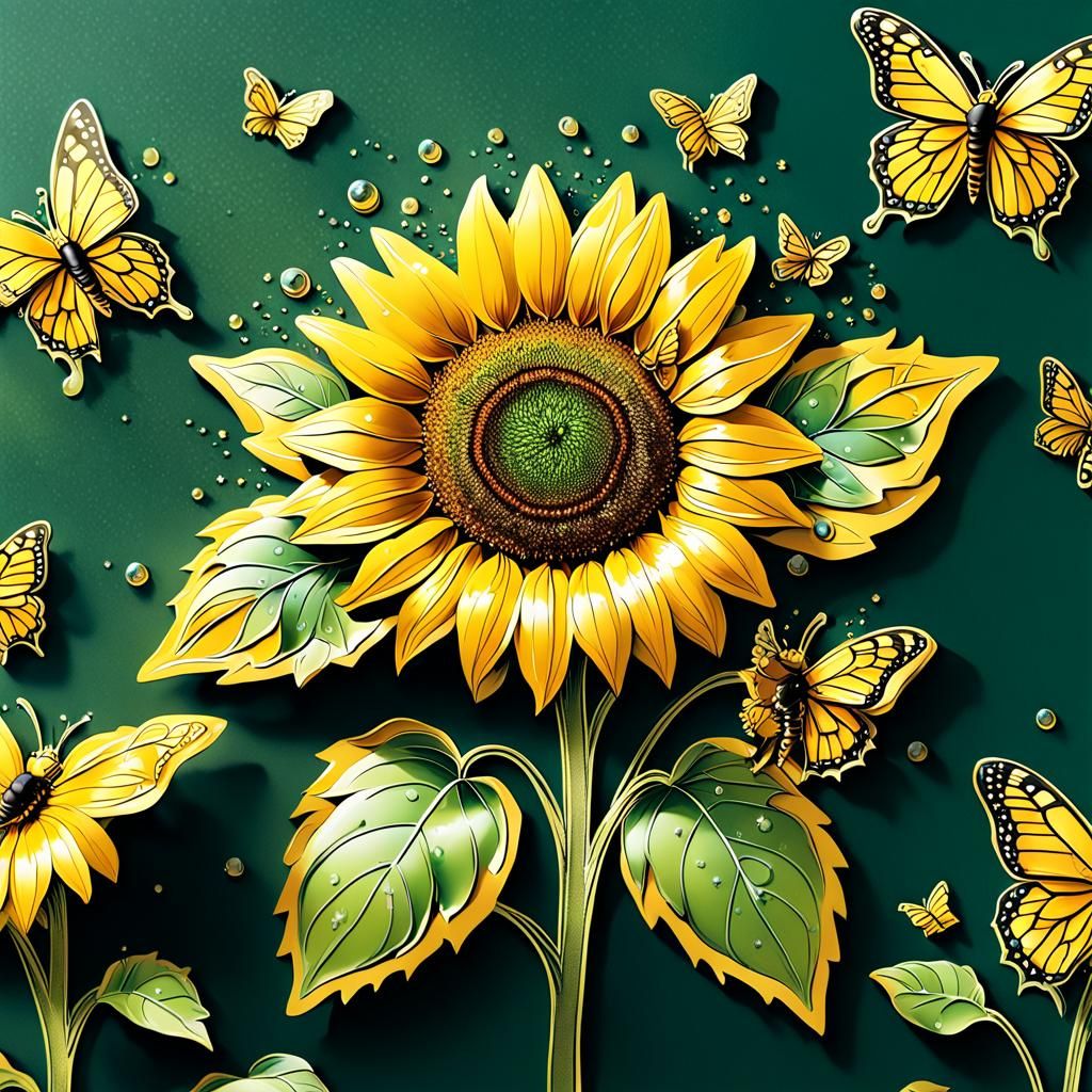 Sunflower Sticker with Sparkling Dew Drops in 3D