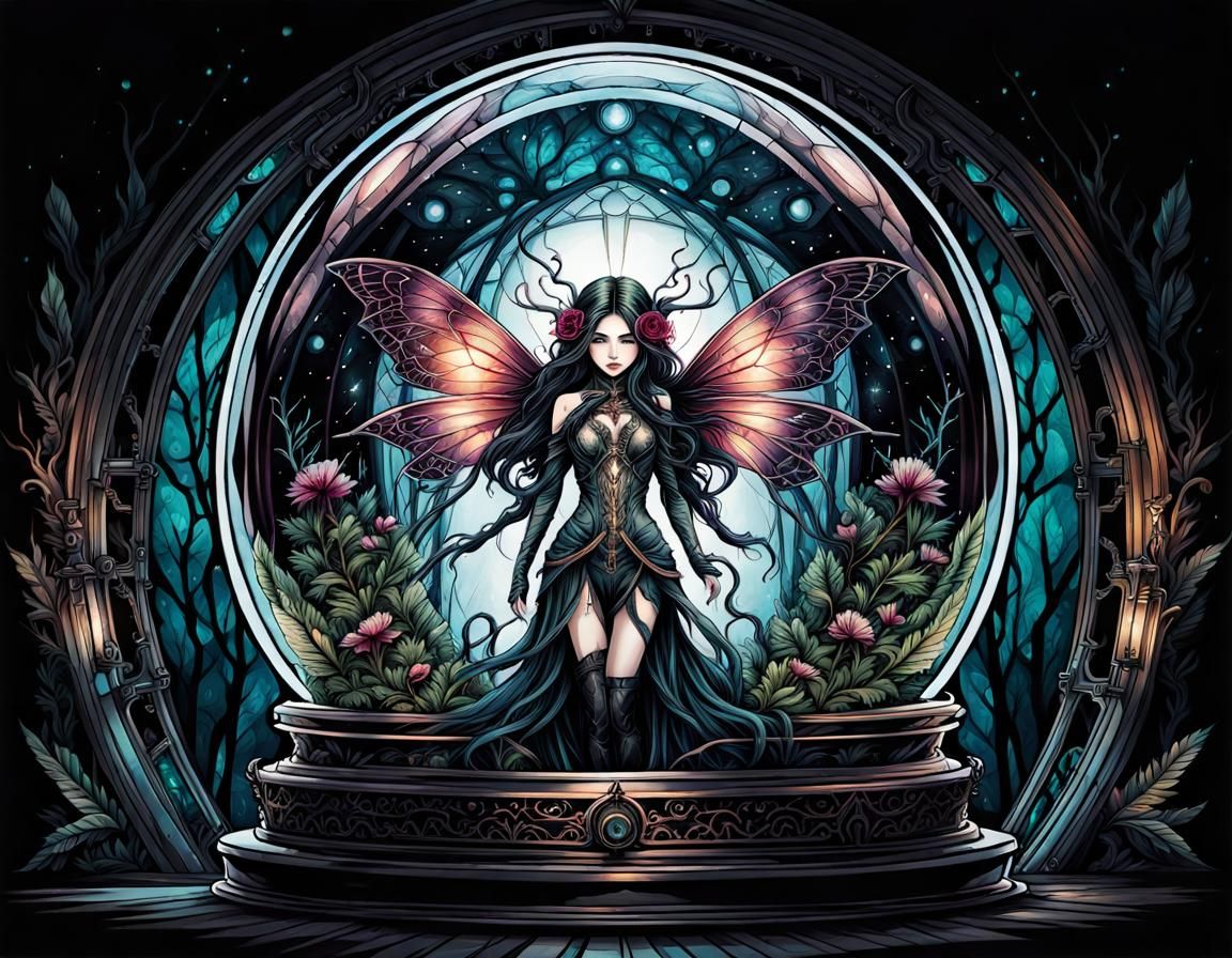 Dark Fairy Cyborg in Glass Dome: Ink & Watercolor