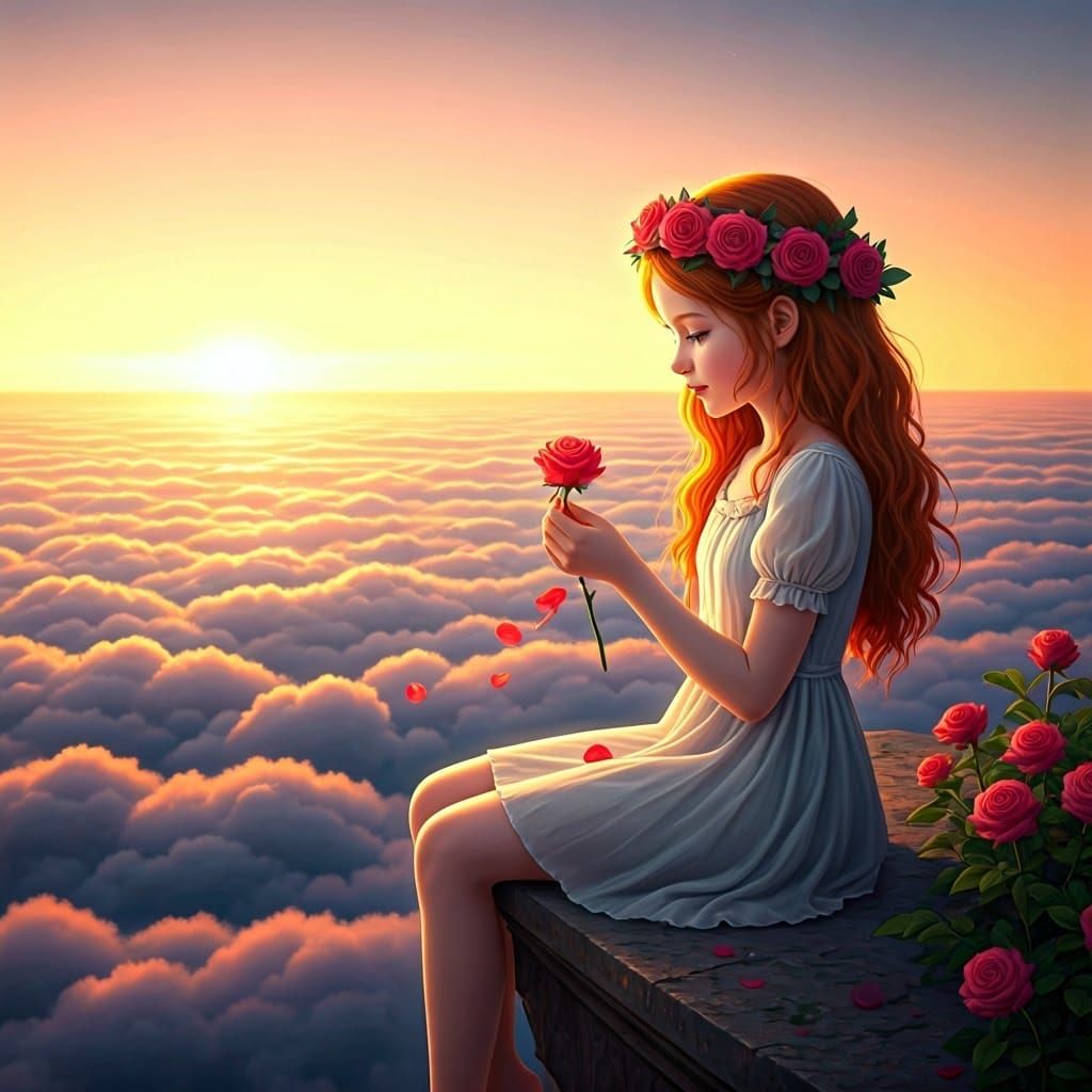 Rose-Red-Haired Girl Above Clouds in Dreamlike Painting