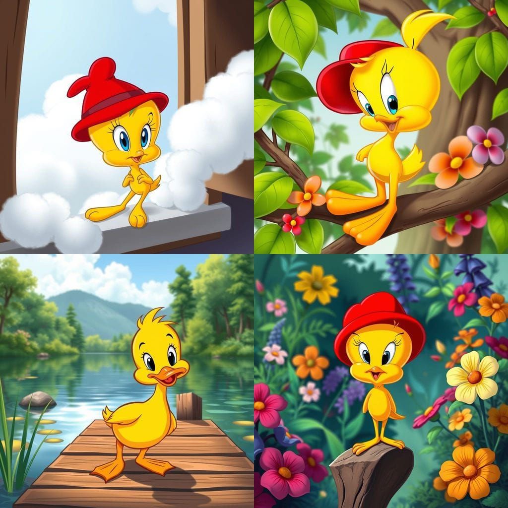 Cheerful Yellow Bird in a Cartoon Landscape
