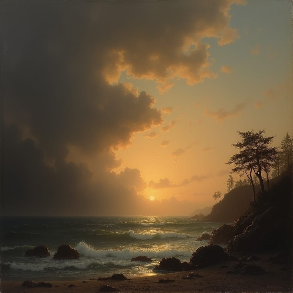 Tonalist Ocean Sunset Landscape with Silhouetted Trees