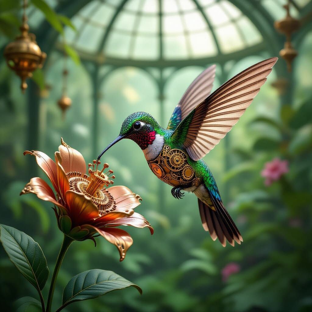 Steampunk Hummingbird in Victorian Greenhouse