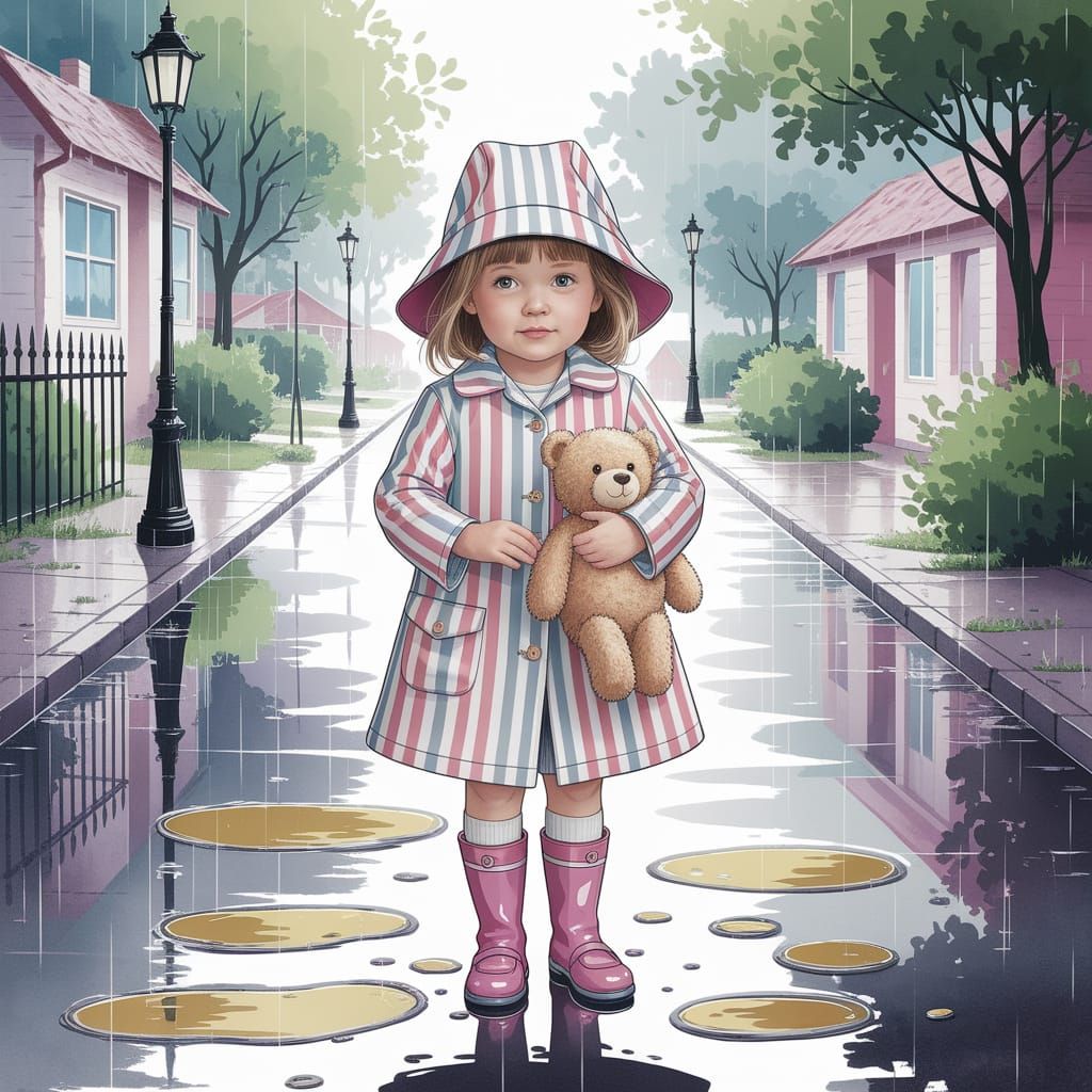 Whimsical Watercolor Scene of Girl in Rainy Street