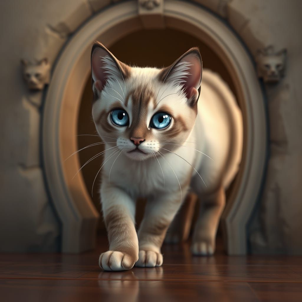 Anime-Inspired Ragdoll Siamese Cat Walking Through a Cat Doo...