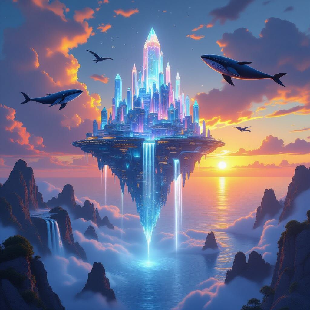 Bioluminescent Crystal City Over Ocean at Sunset