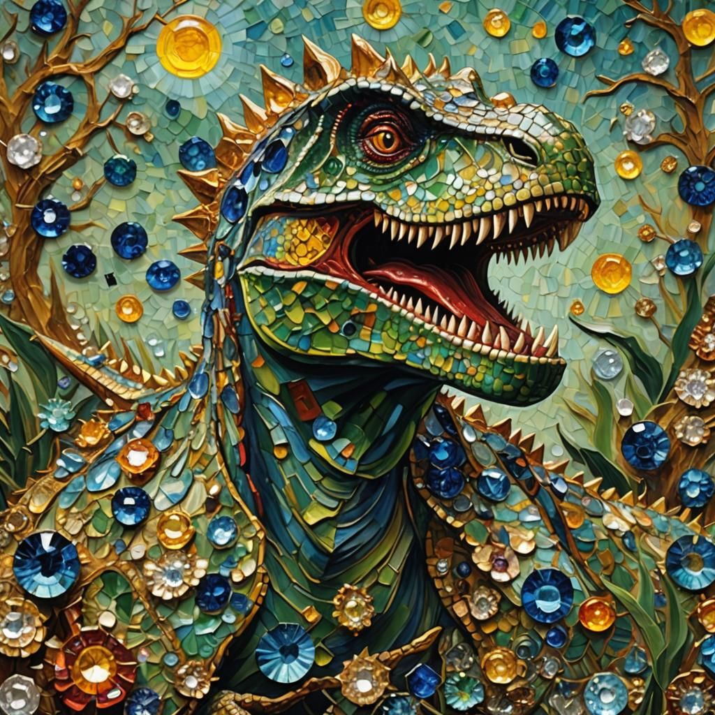 Bejeweled Dinosaur Oil Painting in Post-Impressionist Style