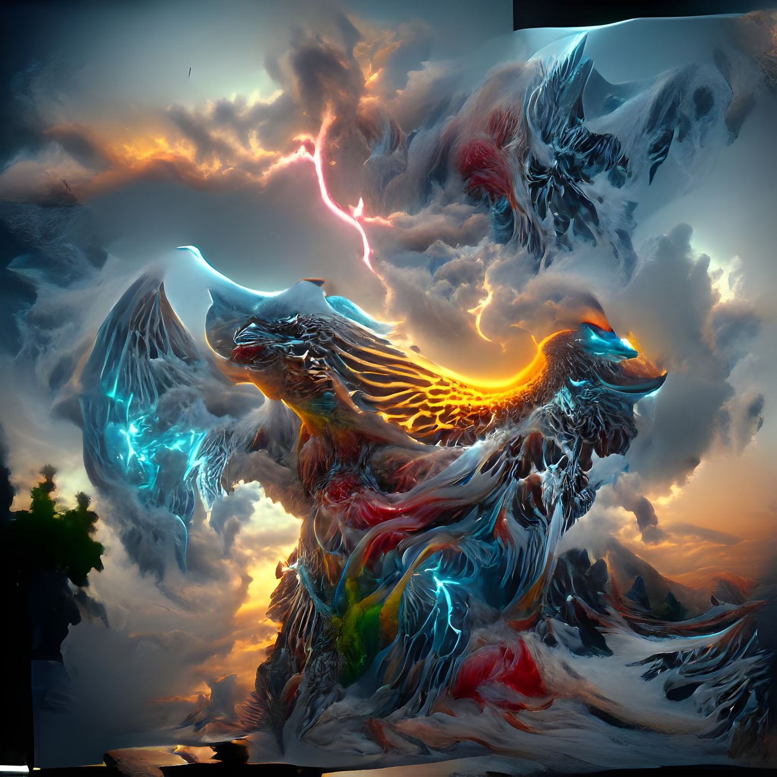 Winged Phoenix Emerges from Technicolor Lightning Storm