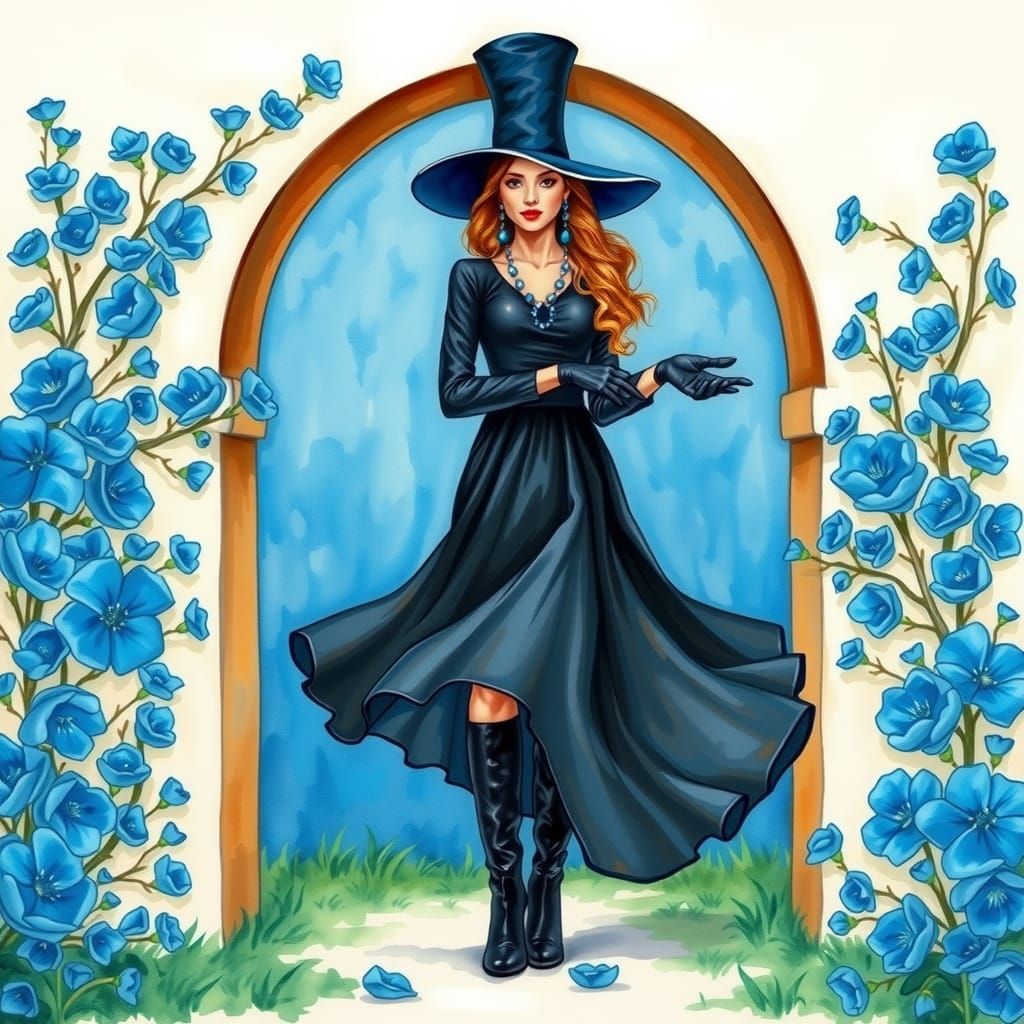 Whimsical Woman in Blue Flower Archway, Watercolor