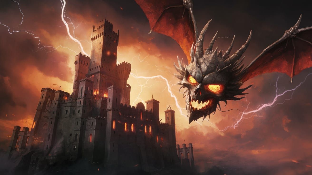 Medieval Castle Confronts Dark Flying Skull in Dramatic Digi...