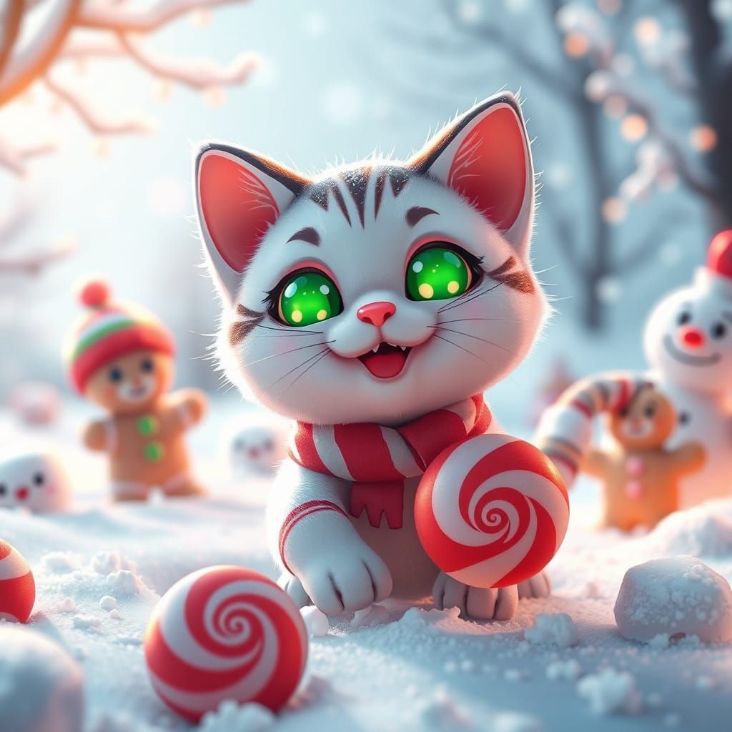Whimsical Candy Cat in Snowy Anime Landscape