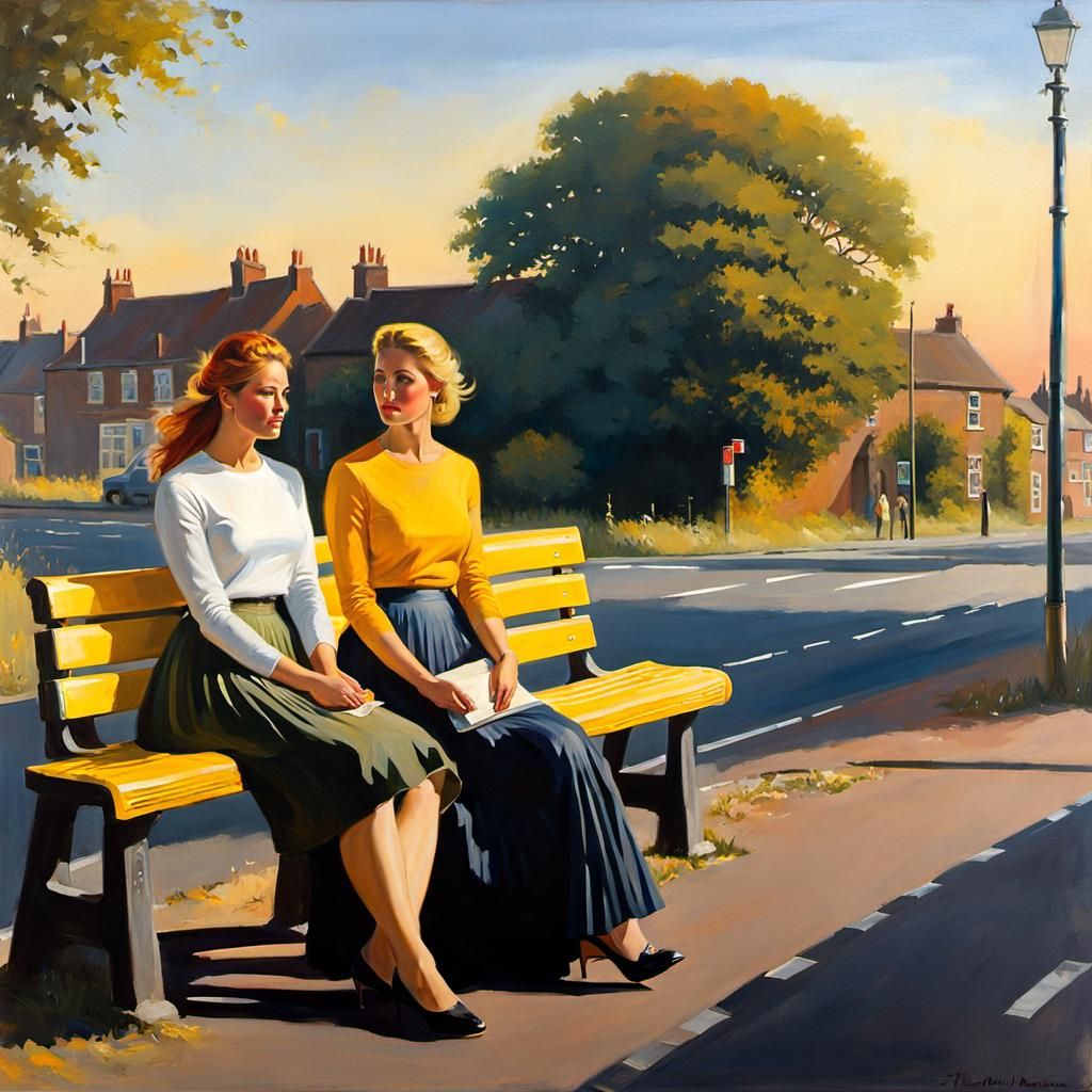 Girls at Bus Stop in Impressionistic Style