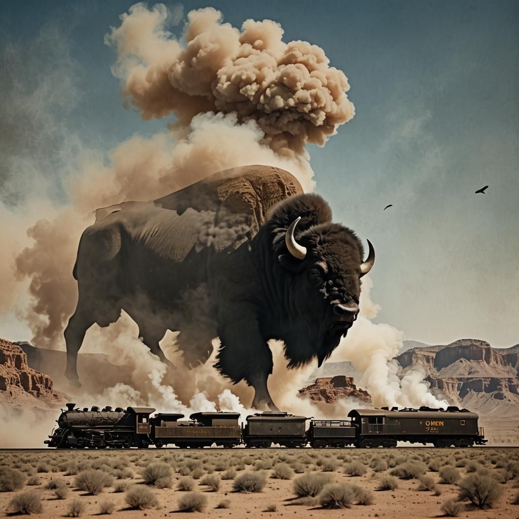 Buffalo Silhouette with Steam Engine, Digital Painting