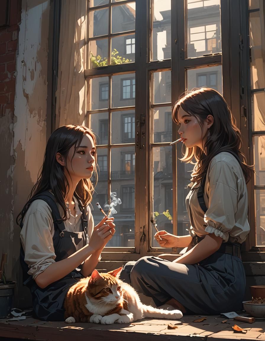 Girls with Cat Smoking: Detailed Concept Art