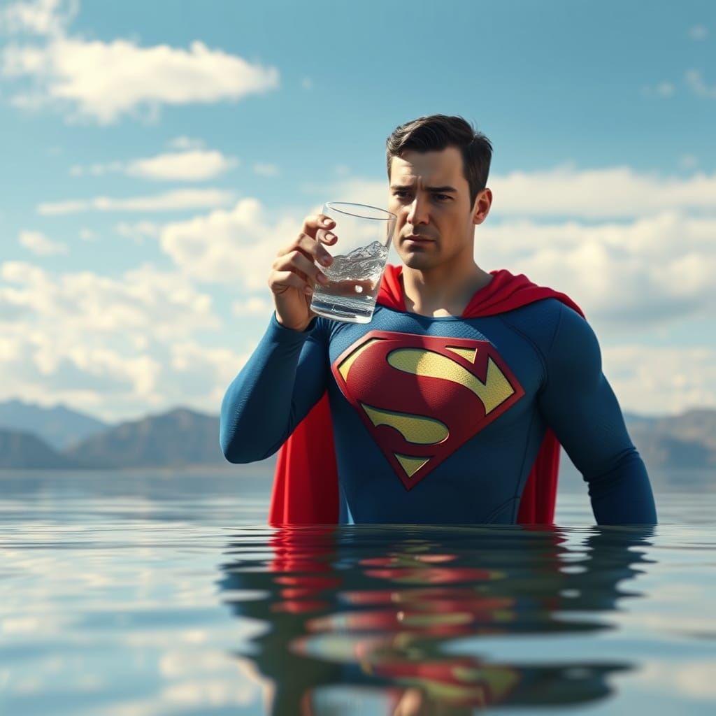 Superman Drinks Water in Hyperrealistic 8K Style