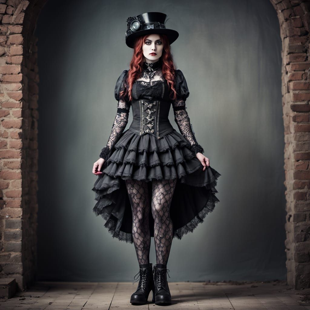 Gothic Woman in Victorian Attire with Goggles and Cogs
