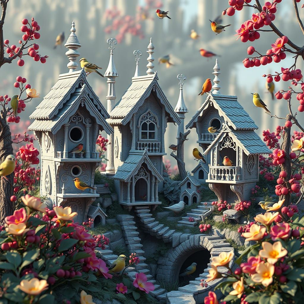 A captivating 3D render illustration of a monochromatic birdhouse village, where each birdhouse displays unique and intr...