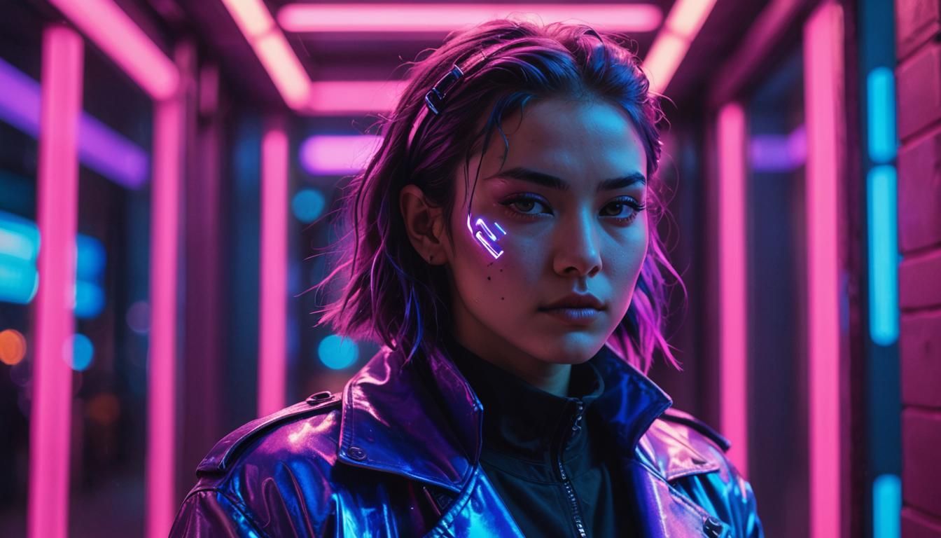 Neon Cyberpunk Woman with Serene Expression