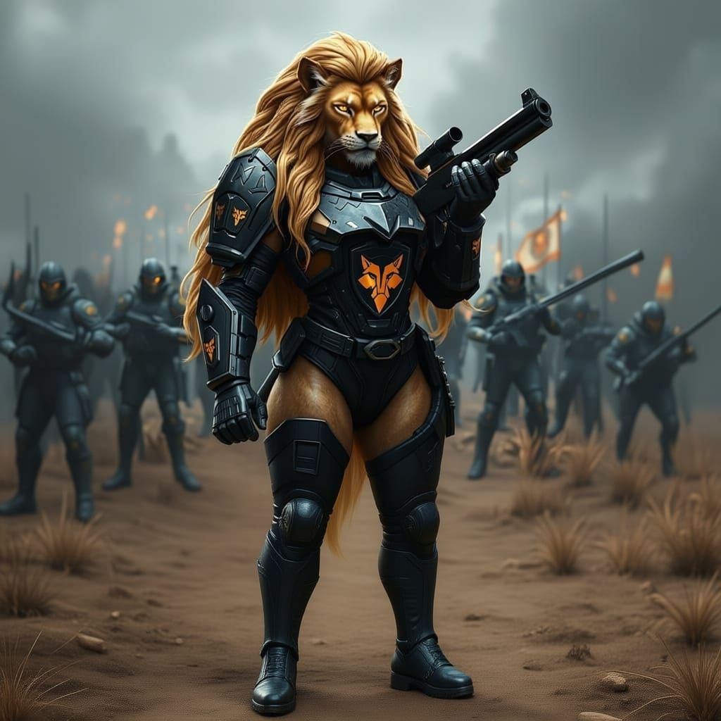 Lioness Warrior in Black Power Armor with Shotgun