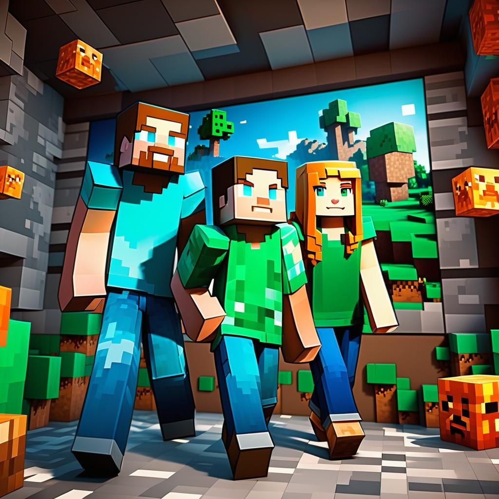 Happy Family Playing Minecraft: Hyper-Realistic Digital Art