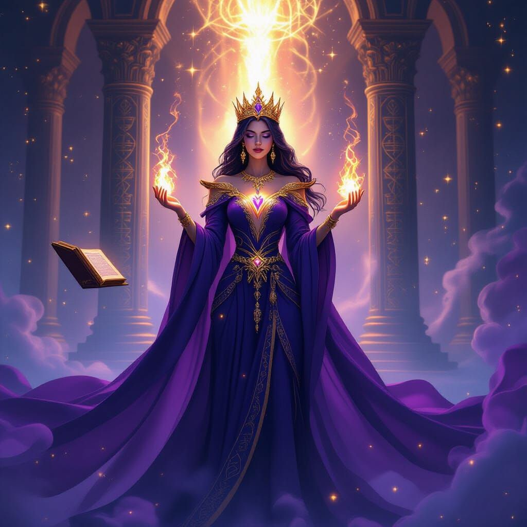 Mystical Queen in Glowing Temple with Celestial Sky