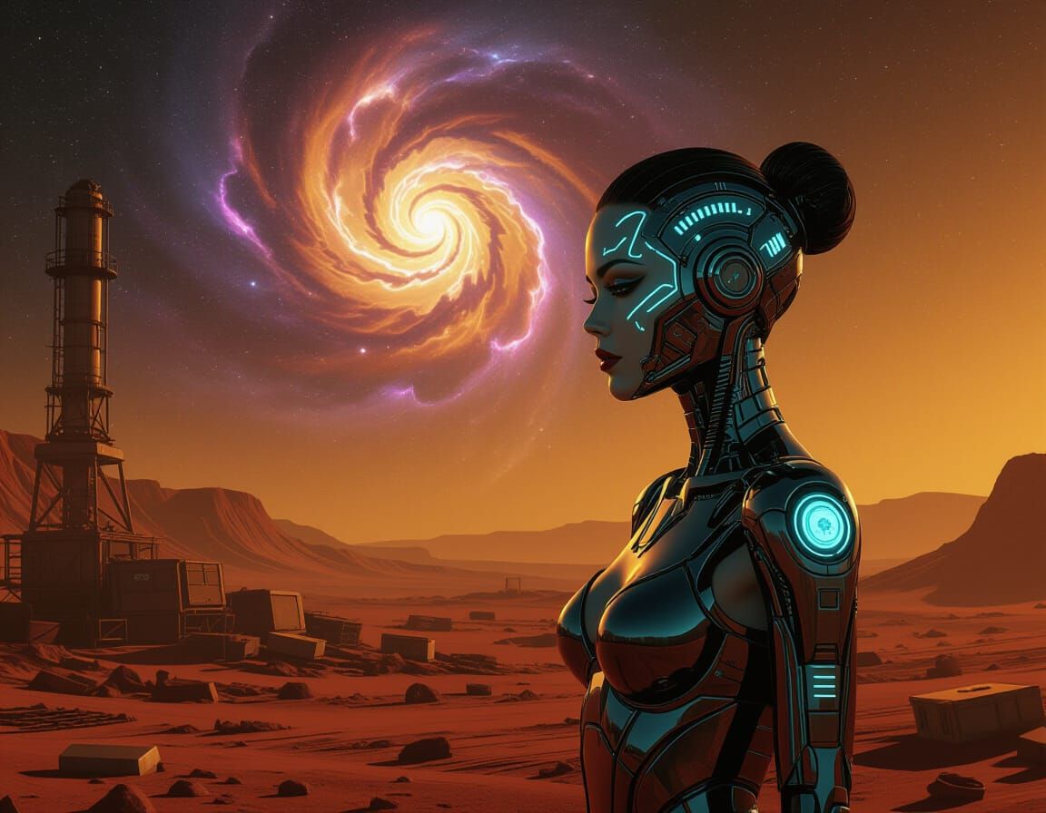 Bioluminescent Cybernetic Woman on Alien Planet