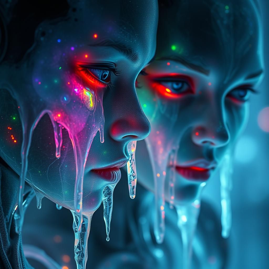 Bioluminescent Androids Crying Tears of Iridescent Ice